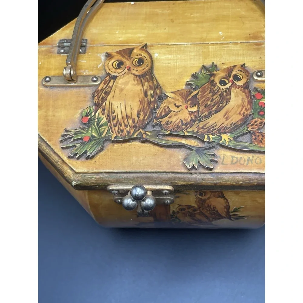 Rare Vintage 1960s-1970s Owl Wood Decoupage Purse